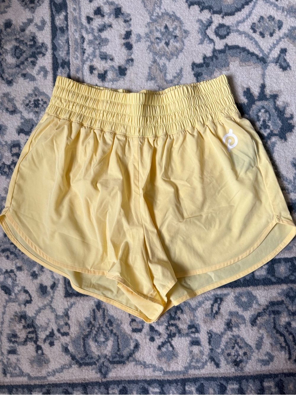 Peloton Pale Yellow Athletic Shorts with Shirred Waistband